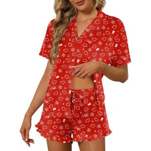 Ekouaer Pajamas Set for Women Short Sleeve Sleepwear Button Down Pjs Lounge Sets Soft Nightwear(Christmas Red)