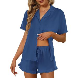 Ekouaer Pajamas Set for Women Short Sleeve Sleepwear Button Down Pjs Lounge Sets Soft Nightwear(Clear Blue)