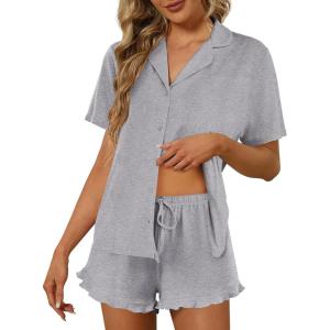 Ekouaer Pajamas Set for Women Short Sleeve Sleepwear Button Down Pjs Lounge Sets Soft Nightwear(Deep Gray)