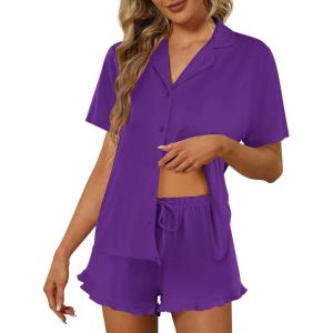 Ekouaer Pajamas Set for Women Short Sleeve Sleepwear Button Down Pjs Lounge Sets Soft Nightwear(Deep Purple)
