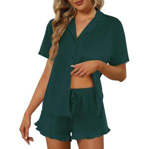 Ekouaer Pajamas Set for Women Short Sleeve Sleepwear Button Down Pjs Lounge Sets Soft Nightwear(Green)