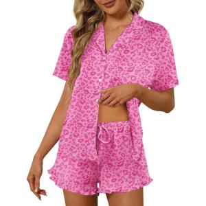 Ekouaer Pajamas Set for Women Short Sleeve Sleepwear Button Down Pjs Lounge Sets Soft Nightwear(Hot Pink Leopard)