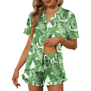 Ekouaer Pajamas Set for Women Short Sleeve Sleepwear Button Down Pjs Lounge Sets Soft Nightwear(Leaves)