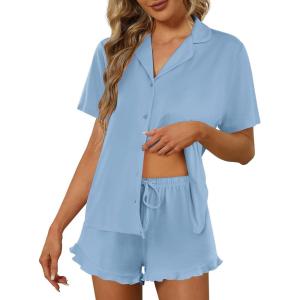 Ekouaer Pajamas Set for Women Short Sleeve Sleepwear Button Down Pjs Lounge Sets Soft Nightwear(Light Sky Blue)