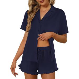 Ekouaer Pajamas Set for Women Short Sleeve Sleepwear Button Down Pjs Lounge Sets Soft Nightwear(Navy Blue)