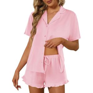 Ekouaer Pajamas Set for Women Short Sleeve Sleepwear Button Down Pjs Lounge Sets Soft Nightwear(Pink)