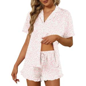Ekouaer Pajamas Set for Women Short Sleeve Sleepwear Button Down Pjs Lounge Sets Soft Nightwear(Pink Leopard)