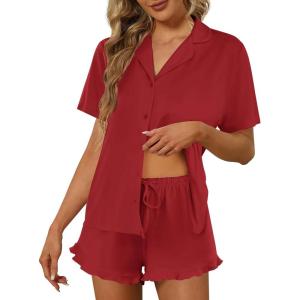 Ekouaer Pajamas Set for Women Short Sleeve Sleepwear Button Down Pjs Lounge Sets Soft Nightwear(Red)