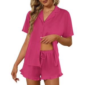 Ekouaer Pajamas Set for Women Short Sleeve Sleepwear Button Down Pjs Lounge Sets Soft Nightwear(Rose Red)