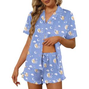 Ekouaer Pajamas Set for Women Short Sleeve Sleepwear Button Down Pjs Lounge Sets Soft Nightwear(Teddy Bear-blue)