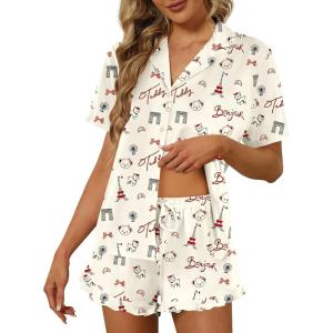 Ekouaer Pajamas Set for Women Short Sleeve Sleepwear Button Down Pjs Lounge Sets Soft Nightwear(Teddy Bear-khaki)