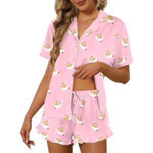 Ekouaer Pajamas Set for Women Short Sleeve Sleepwear Button Down Pjs Lounge Sets Soft Nightwear(Teddy Bear-pink)