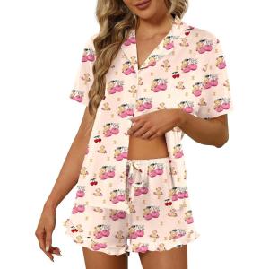 Ekouaer Pajamas Set for Women Short Sleeve Sleepwear Button Down Pjs Lounge Sets Soft Nightwear(Teddy Bear-pink Cherry)