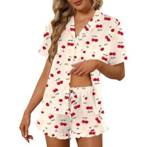 Ekouaer Pajamas Set for Women Short Sleeve Sleepwear Button Down Pjs Lounge Sets Soft Nightwear(Teddy Bear-red Cherry)