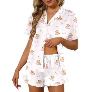 Ekouaer Pajamas Set for Women Short Sleeve Sleepwear Button Down Pjs Lounge Sets Soft Nightwear(Teddy Bear-white)