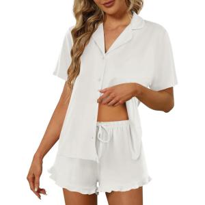 Ekouaer Pajamas Set for Women Short Sleeve Sleepwear Button Down Pjs Lounge Sets Soft Nightwear(White)