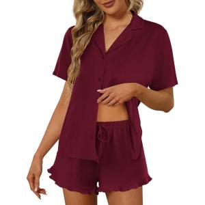 Ekouaer Pajamas Set for Women Short Sleeve Sleepwear Button Down Pjs Lounge Sets Soft Nightwear(Wine Red)