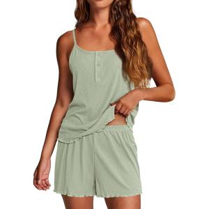 Ekouaer Pajamas for Women Set Lingerie Pjs 2 Piece Cami Sleepwear Ribbed Knit Shorts Set(Light Green)
