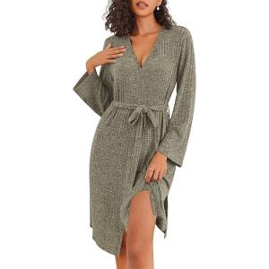 Ekouaer Robe for Women Ribbed Knit Bathrobe Soft Knee Length Kimono Robes Ladies Sleepwear with Pockets S-XXL(Brown)