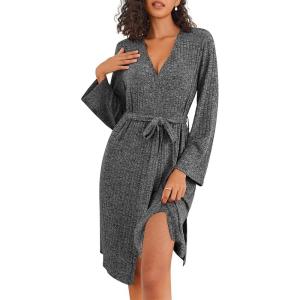 Ekouaer Robe for Women Ribbed Knit Bathrobe Soft Knee Length Kimono Robes Ladies Sleepwear with Pockets S-XXL(Dark Gray)