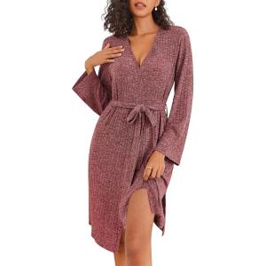 Ekouaer Robe for Women Ribbed Knit Bathrobe Soft Knee Length Kimono Robes Ladies Sleepwear with Pockets S-XXL(Wine Red)