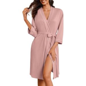 Ekouaer Robes for Women Knee Length Bathrobe Lightweight Kimono Robe 3/4 Sleeve Loungewear Soft Sleepwear with Pockets S-XXL(Misty Rose)