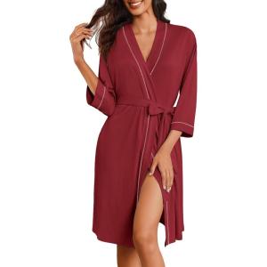 Ekouaer Robes for Women Knee Length Bathrobe Lightweight Kimono Robe 3/4 Sleeve Loungewear Soft Sleepwear with Pockets S-XXL(Wine Red)