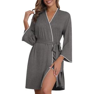 Ekouaer Robes for Women Knee Length Kimono Bathrobe 3/4 Sleeve Sleep Robe Cozy Sleepwear with Pockets S-XXL(Dark Gray)
