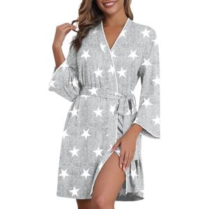 Ekouaer Robes for Women Knee Length Kimono Bathrobe 3/4 Sleeve Sleep Robe Cozy Sleepwear with Pockets S-XXL(Light Gray Star)