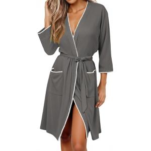 Ekouaer Robes for Women Ribbed Knit Bathrobe Soft Lightweight Knee Length Kimono Robe Ladies Sleepwear with Pockets S-XXL(Dark Grey)