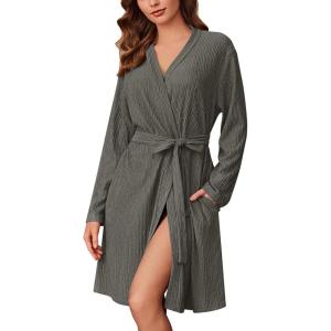 Ekouaer Robes for Women Short Knit Bathrobe Lightweight Kimono Robe Knee Length Loungewear S-XXL(Dark Grey)