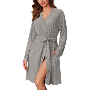 Ekouaer Robes for Women Short Knit Bathrobe Lightweight Kimono Robe Knee Length Loungewear S-XXL(Light Grey)