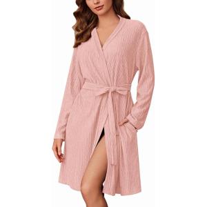Ekouaer Robes for Women Short Knit Bathrobe Lightweight Kimono Robe Knee Length Loungewear S-XXL(Light Pink)