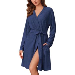 Ekouaer Robes for Women Short Knit Bathrobe Lightweight Kimono Robe Knee Length Loungewear S-XXL(Navy Blue)