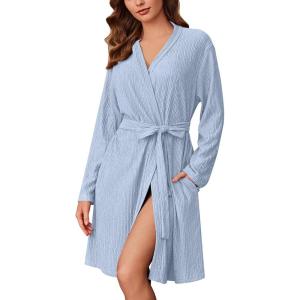 Ekouaer Robes for Women Short Knit Bathrobe Lightweight Kimono Robe Knee Length Loungewear S-XXL(Pale Blue)