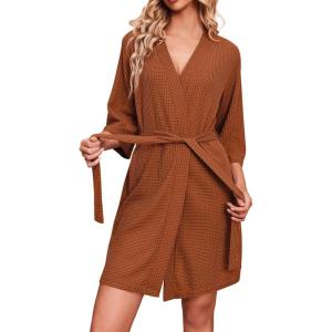 Ekouaer Robes for Women Waffle Knit Bathrobe Soft Lightweight Knee Length Loungewear S-XXL(Caramel Colour)