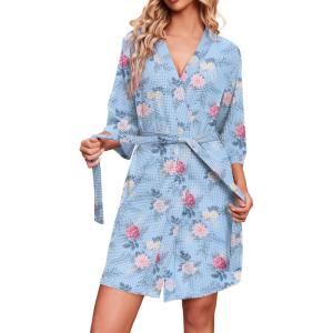 Ekouaer Robes for Women Waffle Knit Bathrobe Soft Lightweight Knee Length Loungewear S-XXL(Floral Blue)