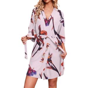 Ekouaer Robes for Women Waffle Knit Bathrobe Soft Lightweight Knee Length Loungewear S-XXL(Floral Light Pink)