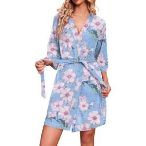 Ekouaer Robes for Women Waffle Knit Bathrobe Soft Lightweight Knee Length Loungewear S-XXL(Floral White Pink)
