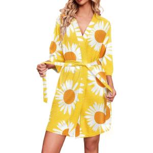 Ekouaer Robes for Women Waffle Knit Bathrobe Soft Lightweight Knee Length Loungewear S-XXL(Floral Yellow)