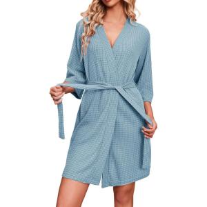 Ekouaer Robes for Women Waffle Knit Bathrobe Soft Lightweight Knee Length Loungewear S-XXL(Light Blue)