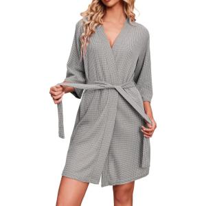 Ekouaer Robes for Women Waffle Knit Bathrobe Soft Lightweight Knee Length Loungewear S-XXL(Light Grey)