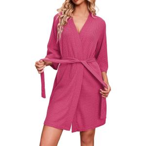 Ekouaer Robes for Women Waffle Knit Bathrobe Soft Lightweight Knee Length Loungewear S-XXL(Rose)