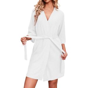 Ekouaer Robes for Women Waffle Knit Bathrobe Soft Lightweight Knee Length Loungewear S-XXL(White)