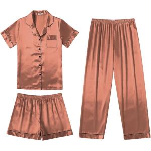 Ekouaer Silk Pajamas for Women Set Satin Pjs Soft Short Sleeve Button Down Sleepwear 3 Piece Loungewear S-XXL(Brown)