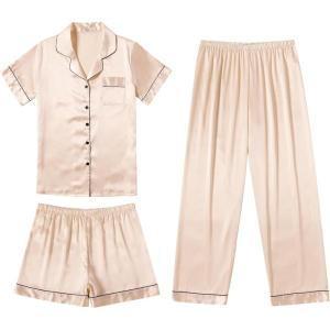 Ekouaer Silk Pajamas for Women Set Satin Pjs Soft Short Sleeve Button Down Sleepwear 3 Piece Loungewear S-XXL(Champagne)