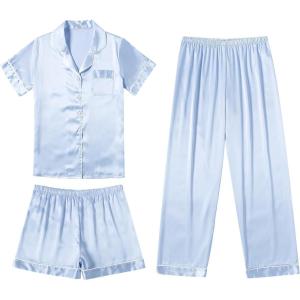 Ekouaer Silk Pajamas for Women Set Satin Pjs Soft Short Sleeve Button Down Sleepwear 3 Piece Loungewear S-XXL(Clear Blue)