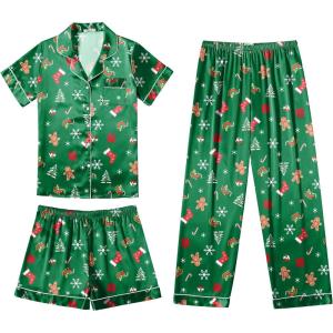 Ekouaer Silk Pajamas for Women Set Satin Pjs Soft Short Sleeve Button Down Sleepwear 3 Piece Loungewear S-XXL(Green Christmas)