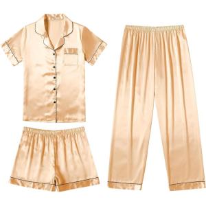 Ekouaer Silk Pajamas for Women Set Satin Pjs Soft Short Sleeve Button Down Sleepwear 3 Piece Loungewear S-XXL(Khaki)
