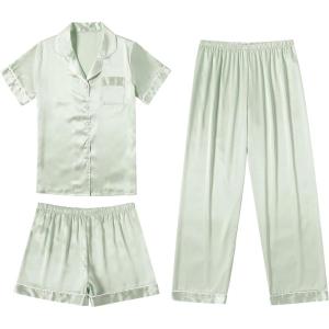Ekouaer Silk Pajamas for Women Set Satin Pjs Soft Short Sleeve Button Down Sleepwear 3 Piece Loungewear S-XXL(Light Green)